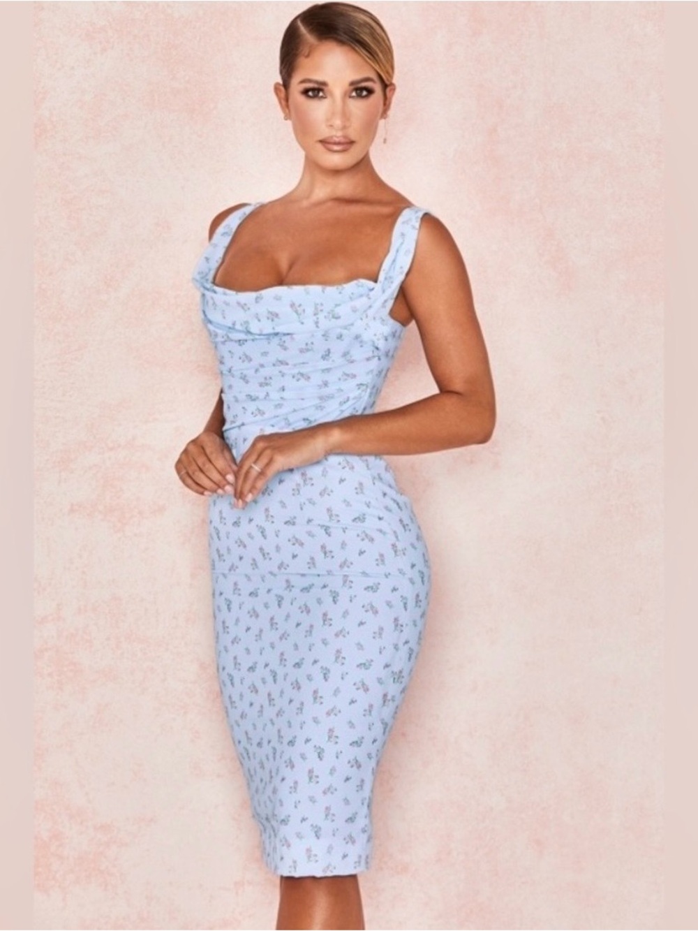 House of CB Bellina Sky Blue Floral corset Cowl Neck Midi Dress